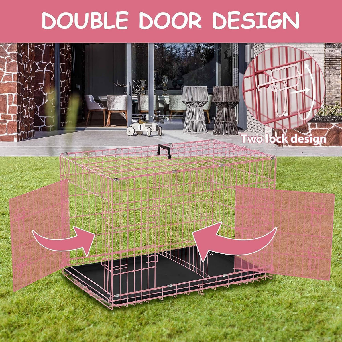 48 Inch Extra Large Foldable Double-Door Dog Crate with Tray L99557