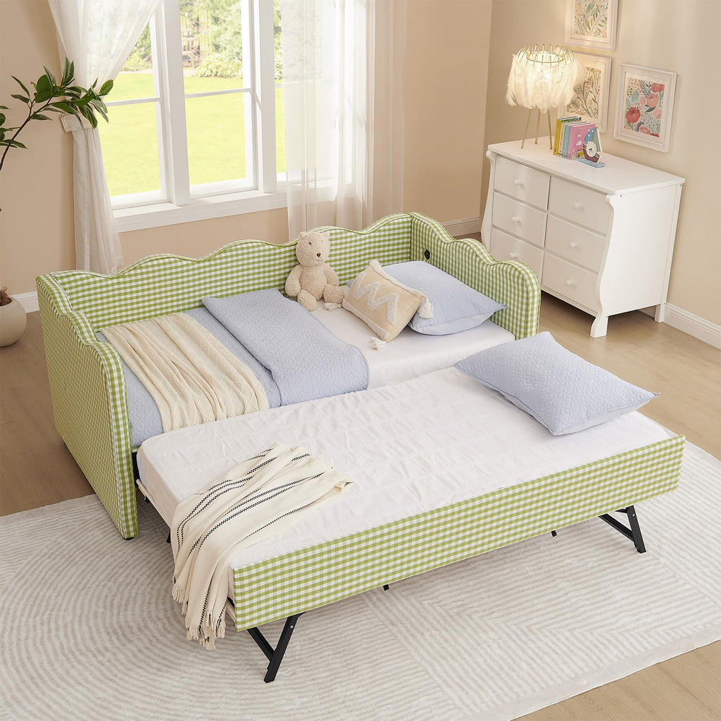 81-inch Twin to King Size Gingham Linen Upholstered Daybed with USB Charging Ports W526
