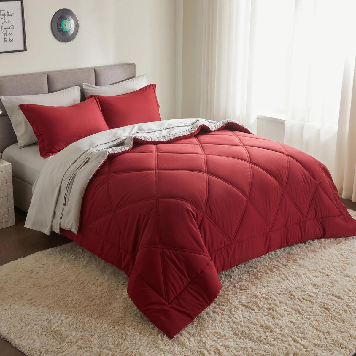 King Size 7 Pieces Red Bedding Set with Sheets B9590