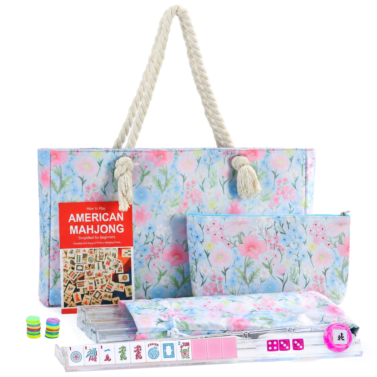 American Mahjong Set with Light Blue Carrying Bag, 166 Pink Engraved Melamine Tiles, 4 Transparent Racks with Pushers I394533