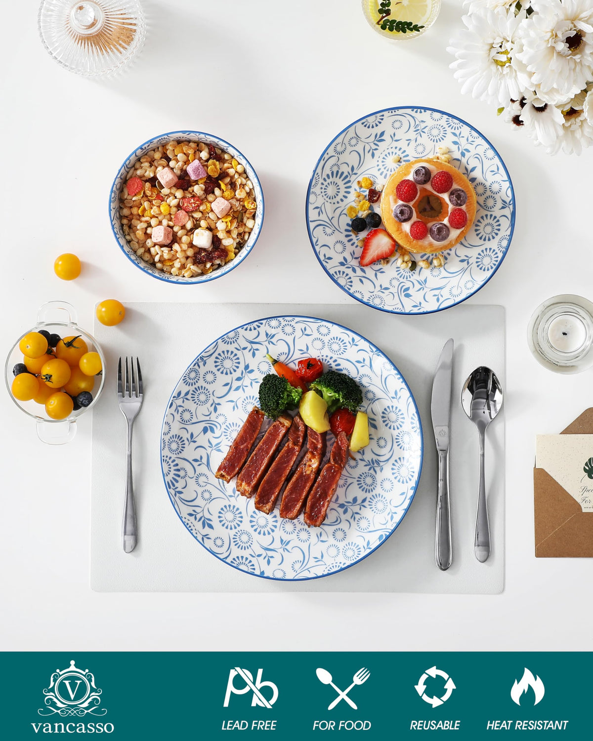 Plates and Bowls Set for 4, 12 Pieces Porcelain Dinnerware W810847