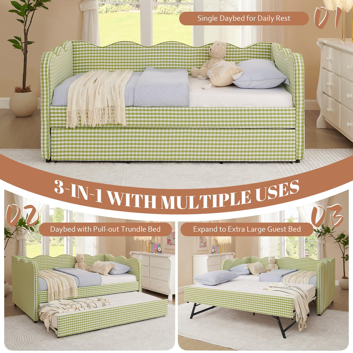 81-inch Twin to King Size Gingham Linen Upholstered Daybed with USB Charging Ports W526