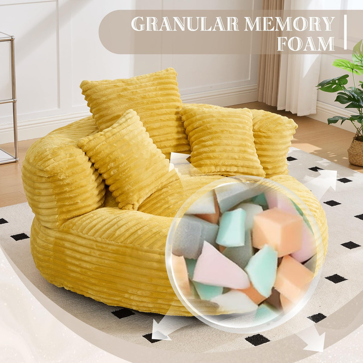 Oversized Corduroy Bean Bag Chair with 3 Pillows G65958