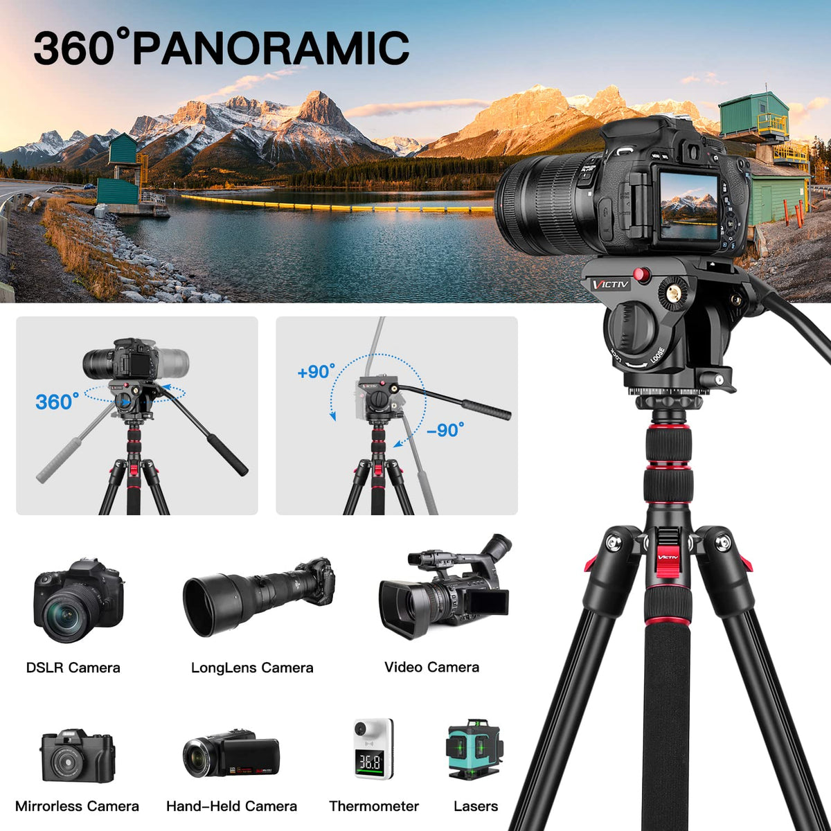 72" Heavy Duty Fluid Head Camera Tripod with Carry Bag W328