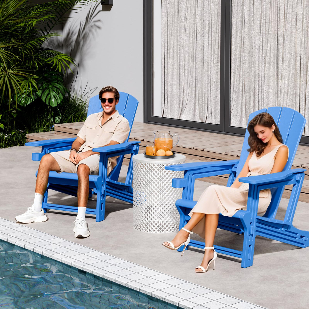 Klein Blue Plastic Adirondack Chairs Set of 2 with Cup Holder M45370
