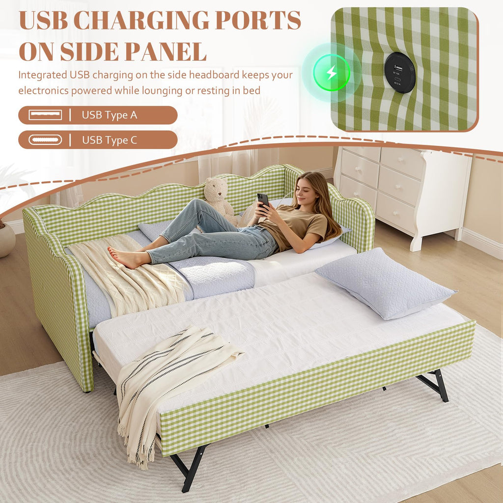 81-inch Twin to King Size Gingham Linen Upholstered Daybed with USB Charging Ports W526