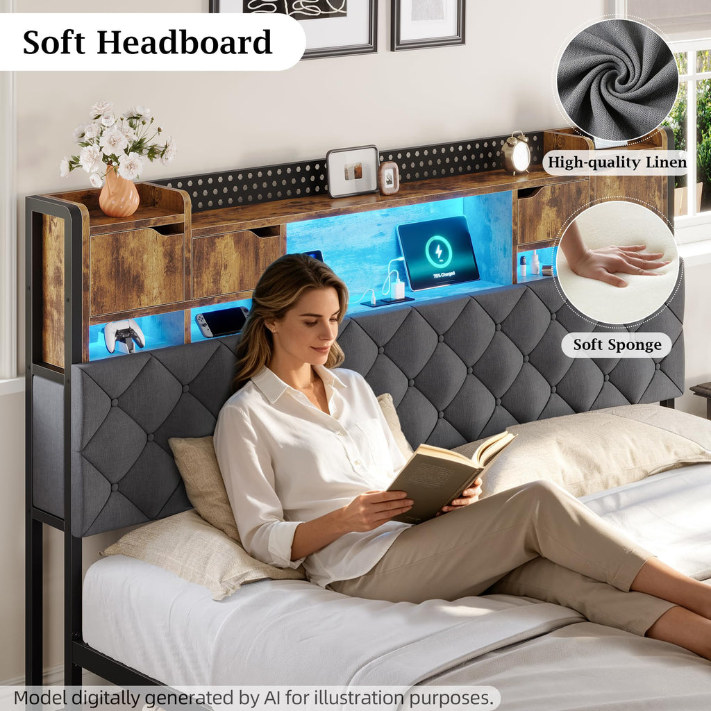 King Size Bed Frame with Storage Bookcase Headboard P851