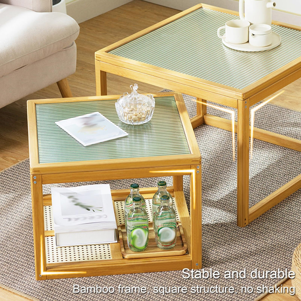 Brown Square Nesting Coffee Table Set of 2 with Tempered Glass and Bamboo P497