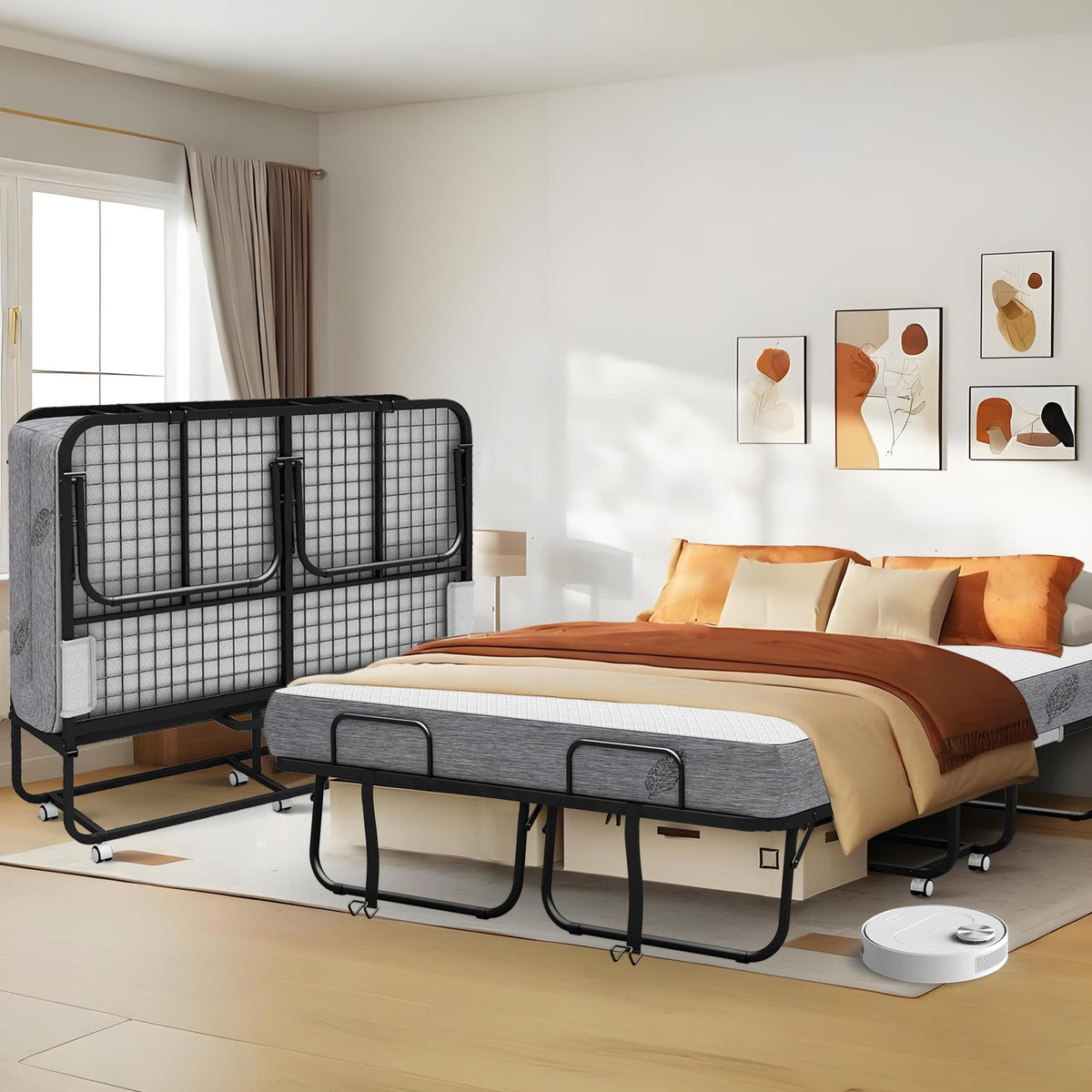 Folding Bed with Mattress Full Size 75 X 54 inch Memory Foam on Wheels V867065