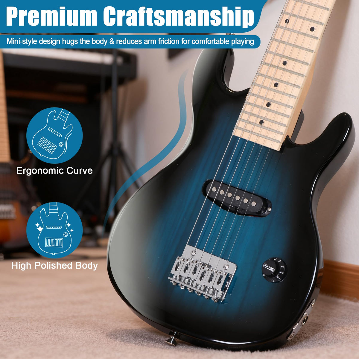 30 inch Kids Electric Guitar with 5w Amp, Gig Bag, Strap, Cable, Strings and Picks, Blue G270
