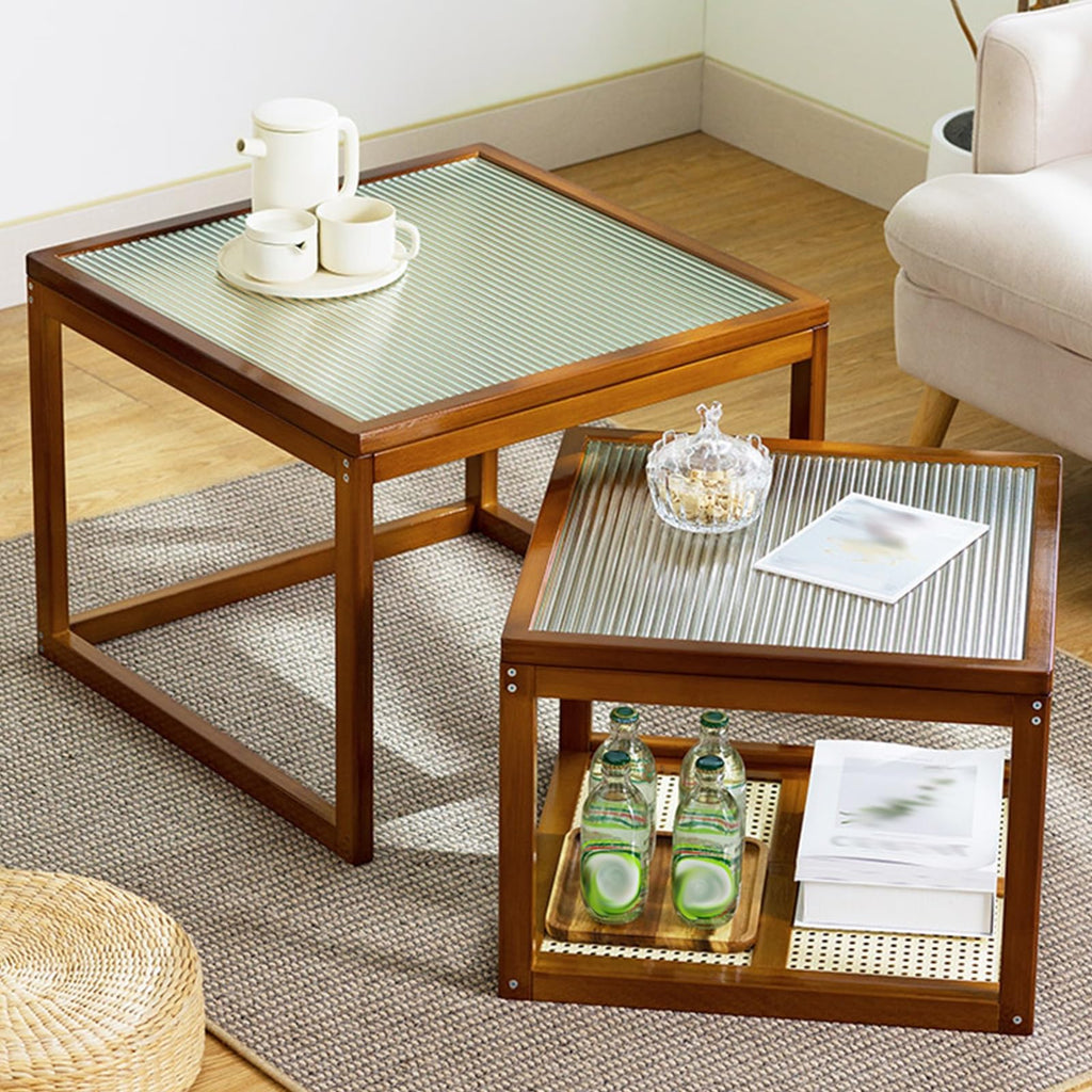 Brown Square Nesting Coffee Table Set of 2 with Tempered Glass and Bamboo P497