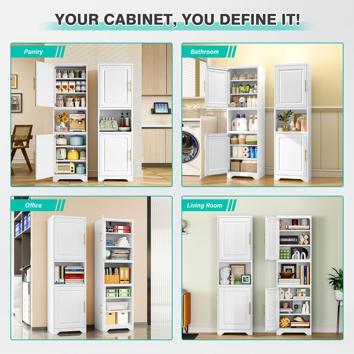 67" Tall Narrow White Metal Bathroom Storage Cabinet W1063
