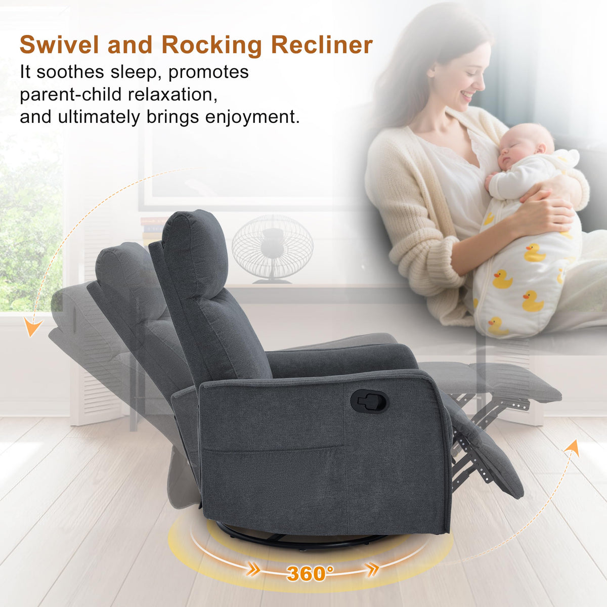 Dark Gray Swivel Rocker Recliner Chair with Vibration Massage and Heat G576