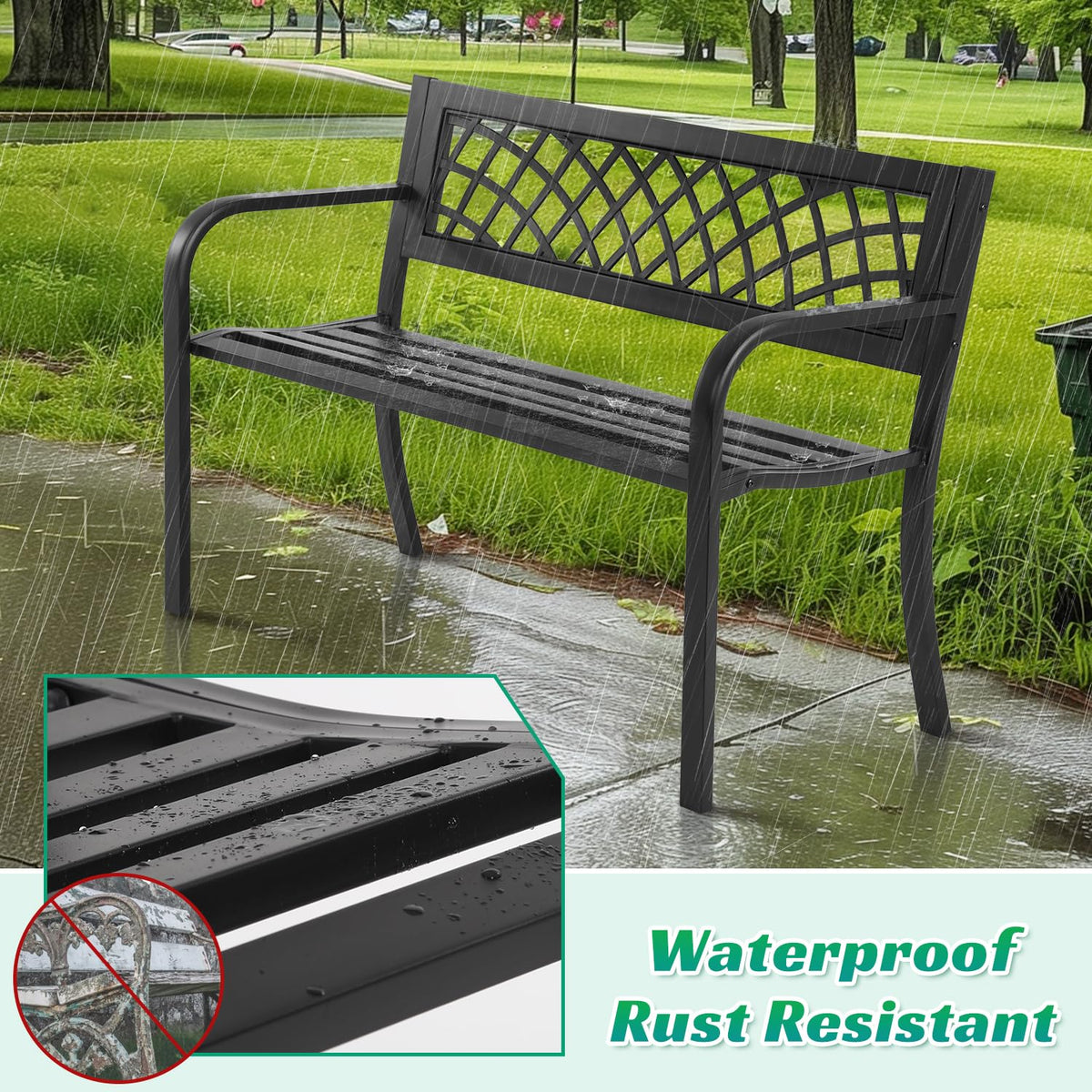 Black Metal Outdoor Bench with Armrests U6773