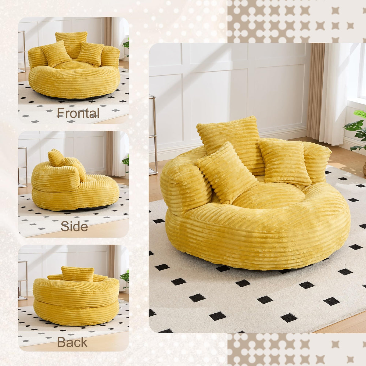 Oversized Corduroy Bean Bag Chair with 3 Pillows G65958
