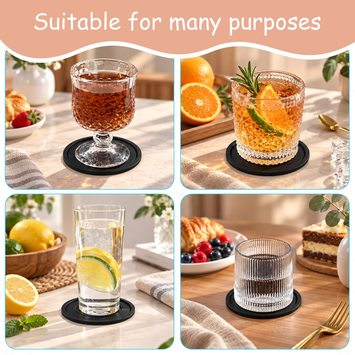 Black Set of 4 Round Silicone Coasters I855381