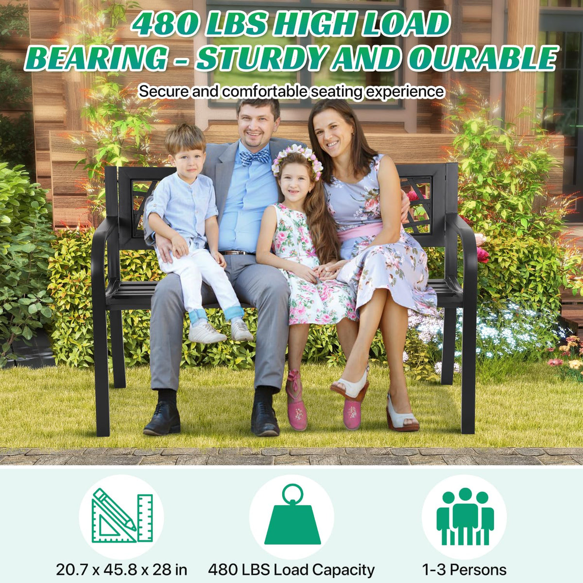 Black Metal Outdoor Bench with Armrests U6773