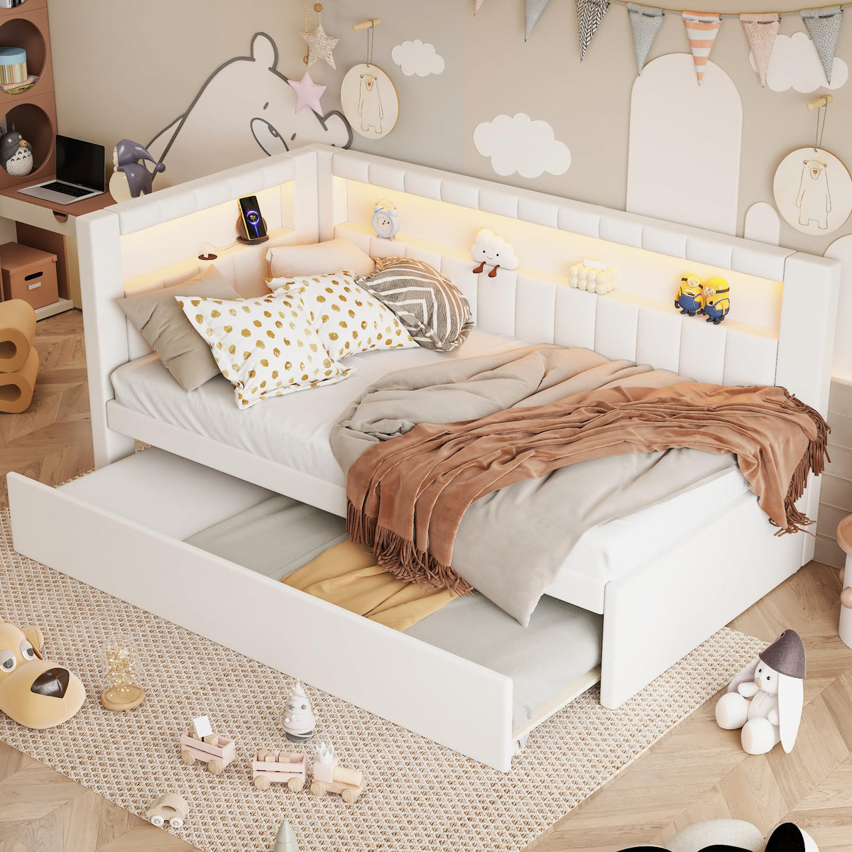 White Twin Size Upholstered Daybed with Trundle R19109