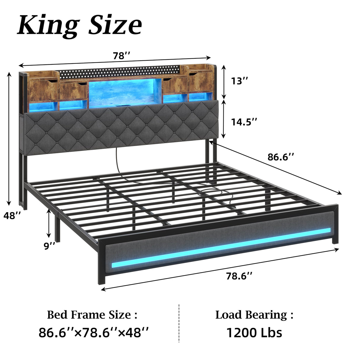 King Size Bed Frame with Storage Bookcase Headboard P851