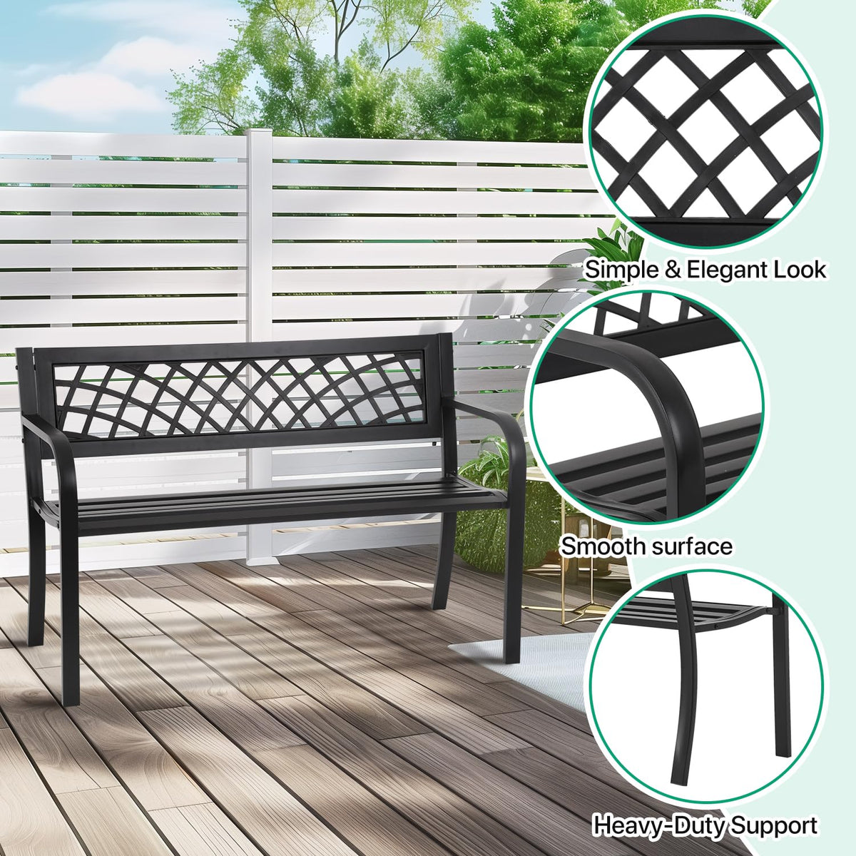 Black Metal Outdoor Bench with Armrests U6773