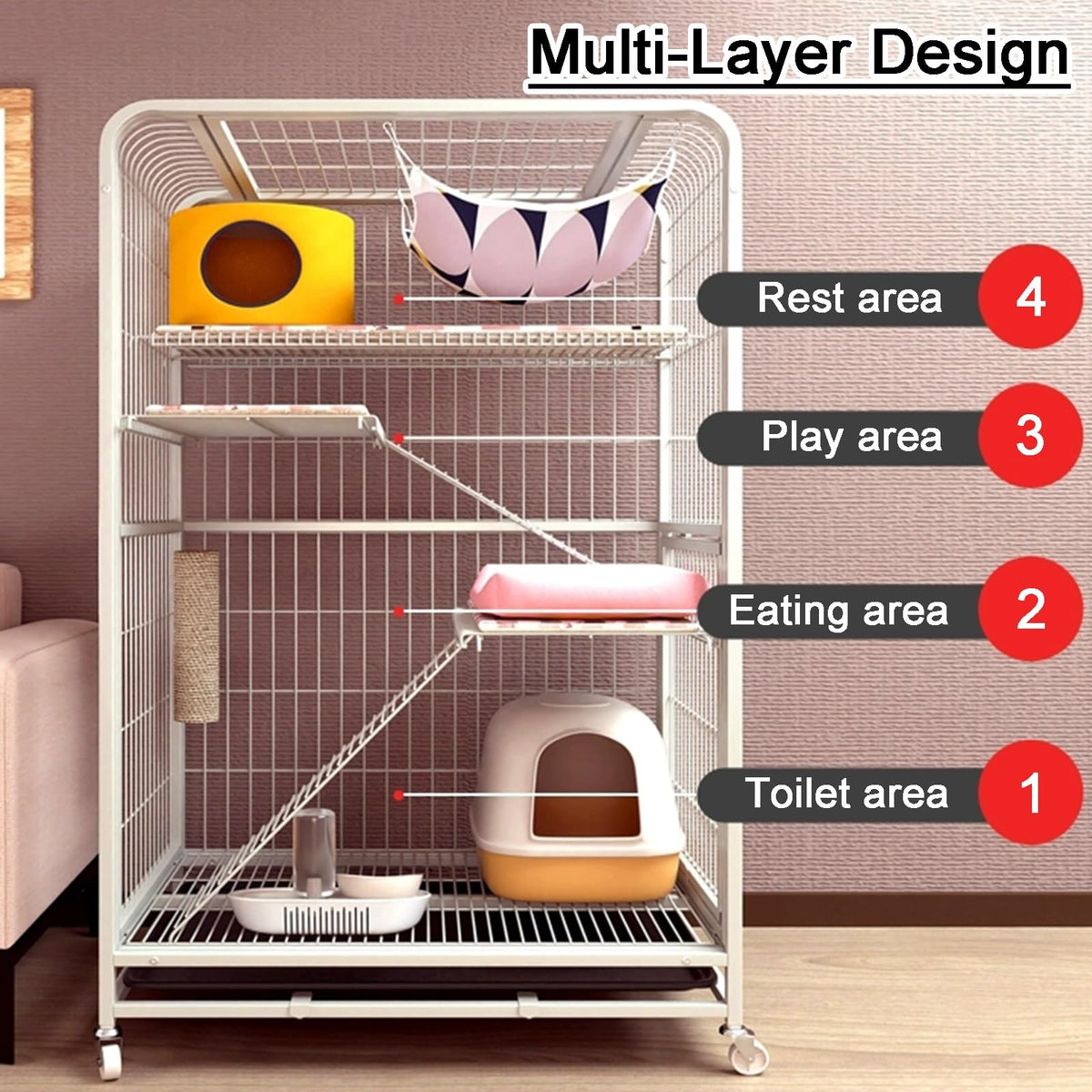 4-Tier Detachable Metal Wire Cat Cage with Hammock Y5110