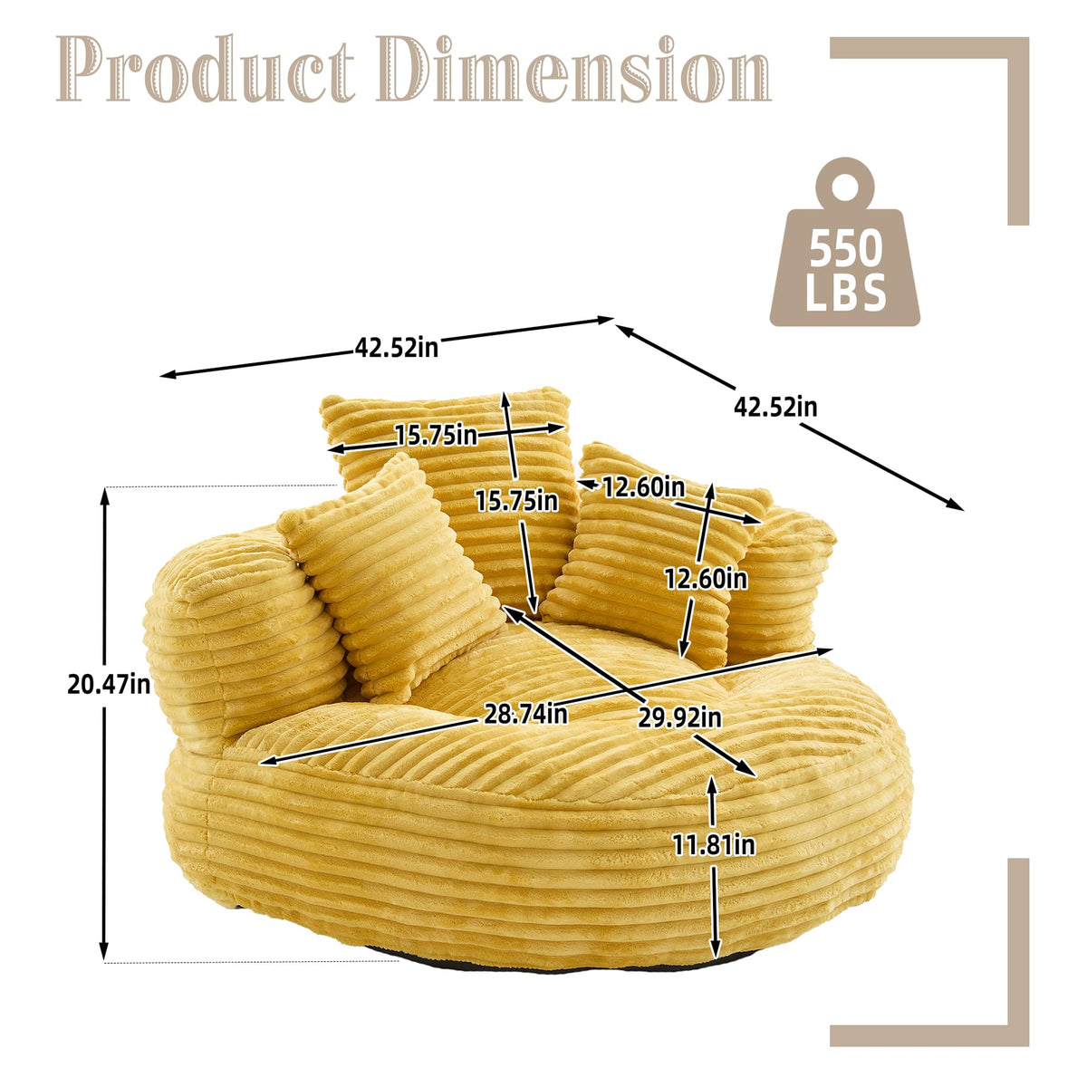 Oversized Corduroy Bean Bag Chair with 3 Pillows G65958