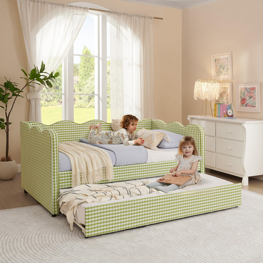 81-inch Twin to King Size Gingham Linen Upholstered Daybed with USB Charging Ports W526