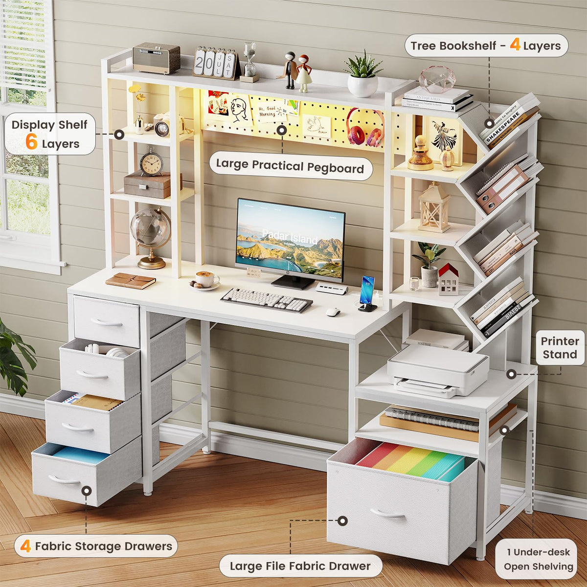 61.4" Computer Desk with Bookshelf, 5 Drawers, Hutch, Outlet, LED M511