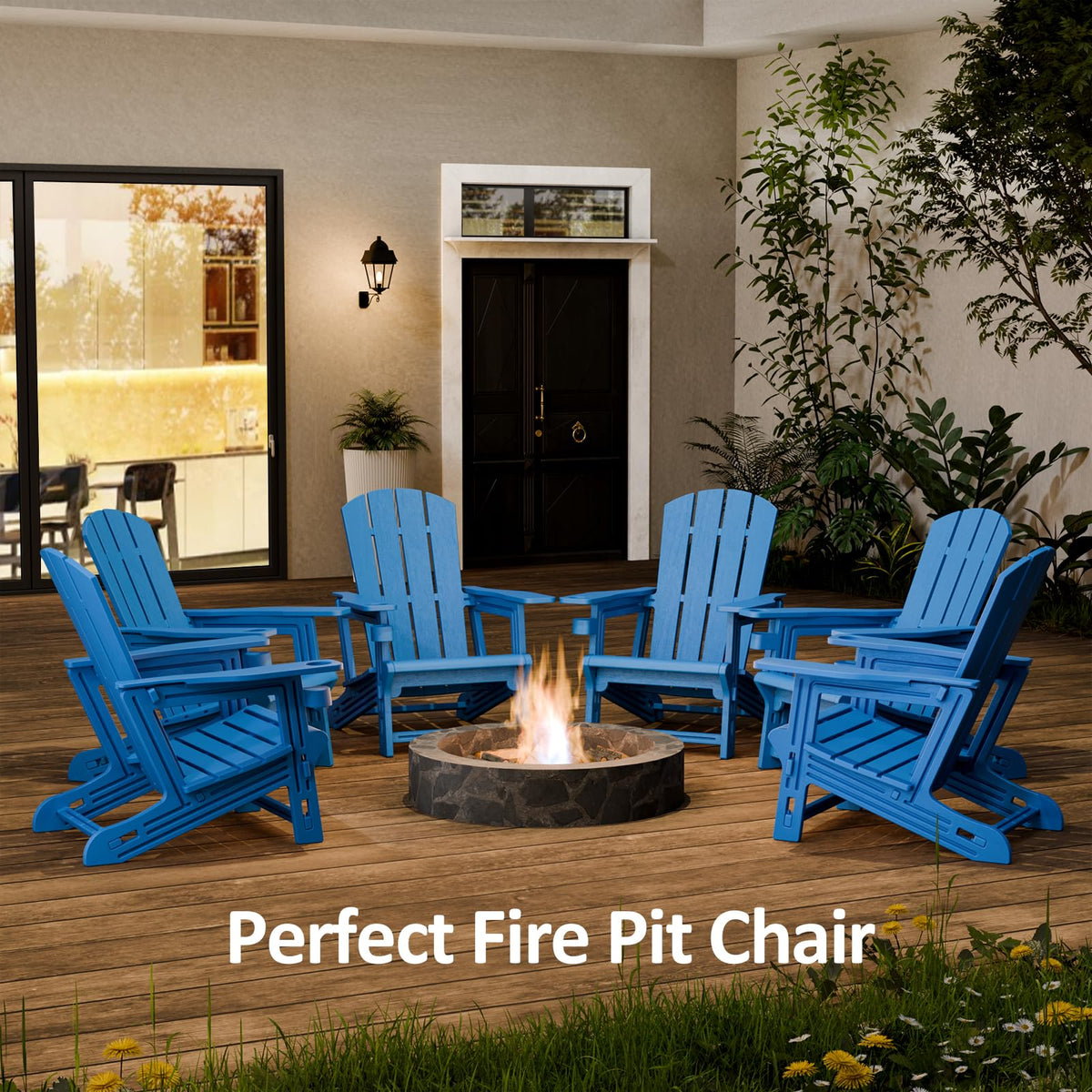 Klein Blue Plastic Adirondack Chairs Set of 2 with Cup Holder M45370