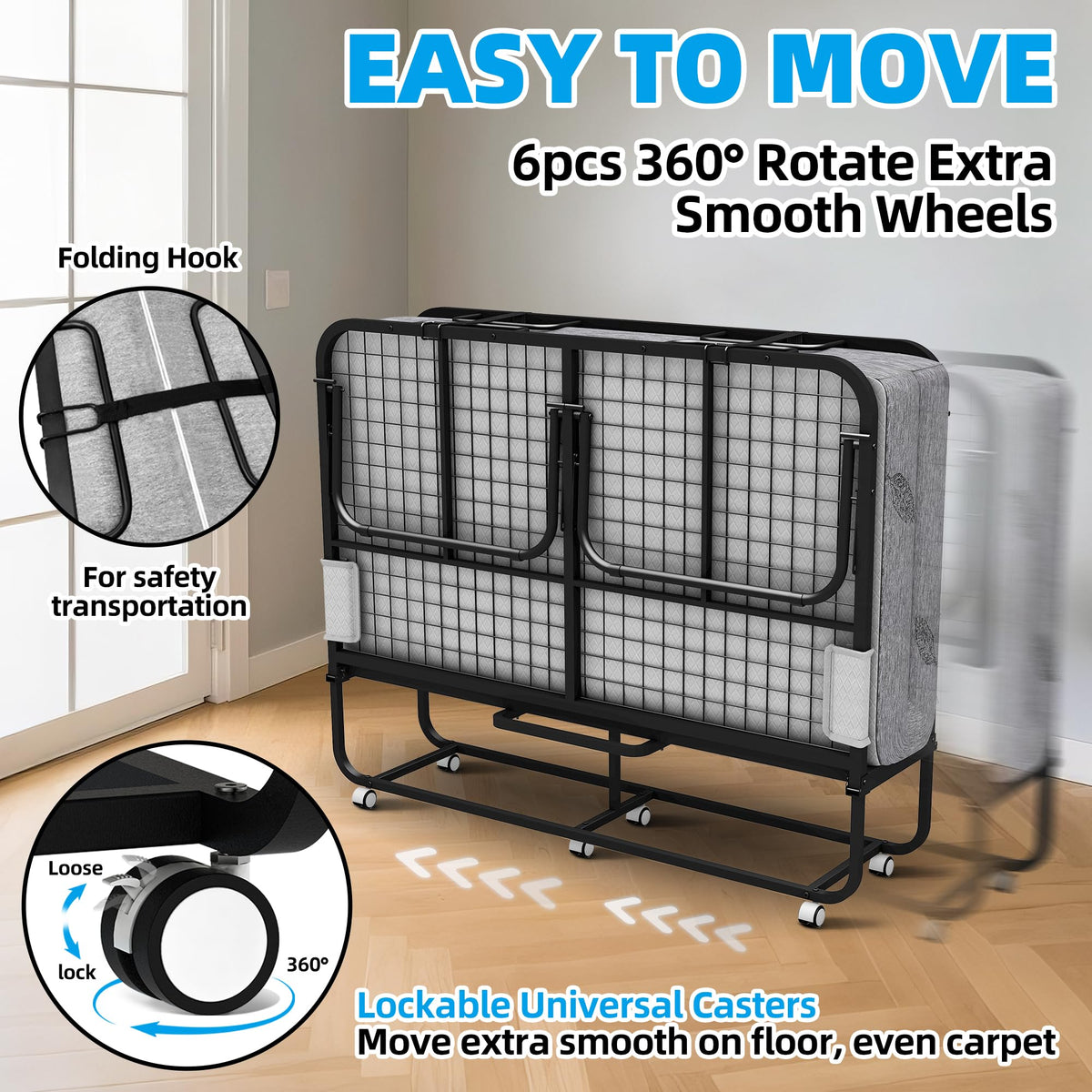 Folding Bed with Mattress Full Size 75 X 54 inch Memory Foam on Wheels V867065