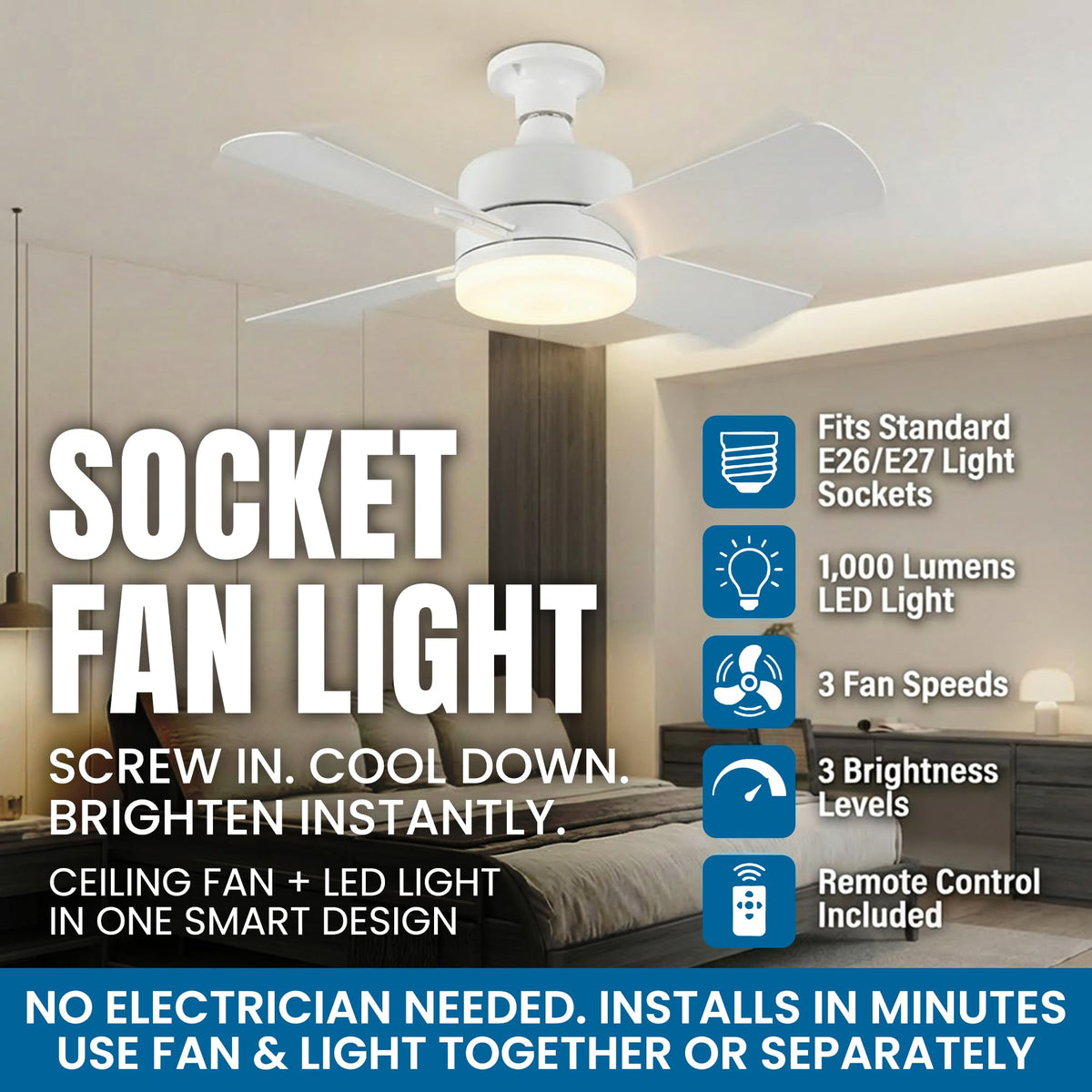 15.4" Socket Fan Light Ceiling Fan with Remote Control Q832264