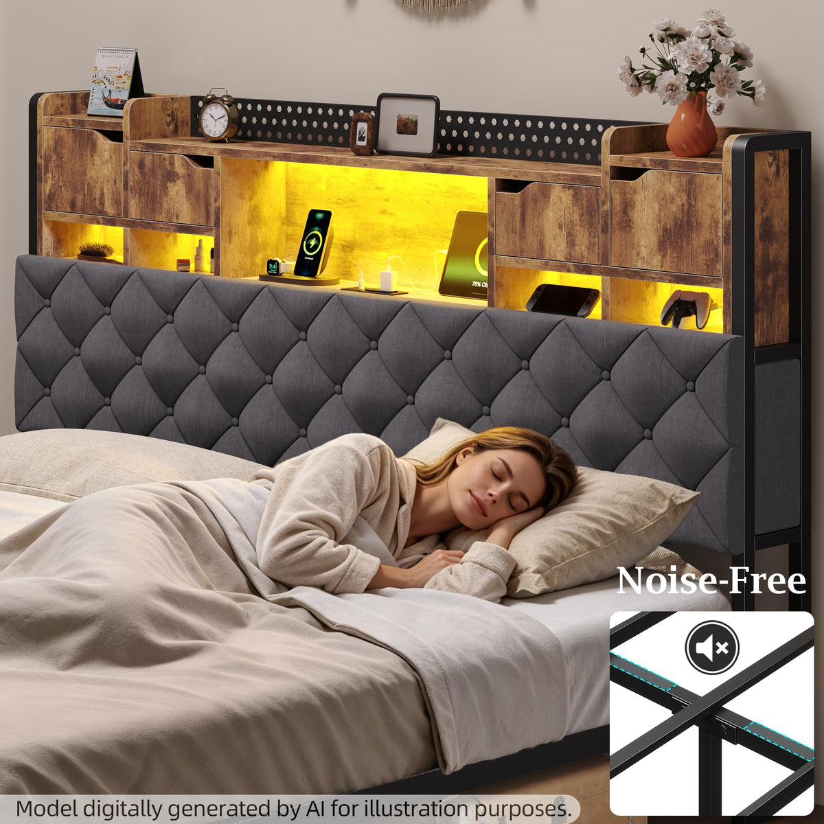 King Size Bed Frame with Storage Bookcase Headboard P851