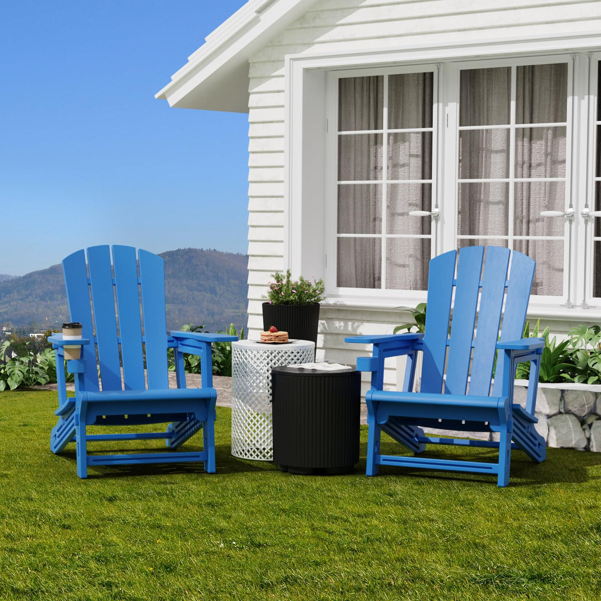 Klein Blue Plastic Adirondack Chairs Set of 2 with Cup Holder M45370