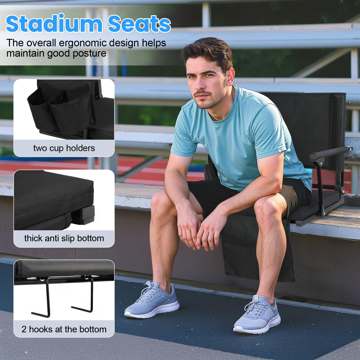 2 Pcs Folding Stadium Seat with Back Support and Cushion W6678