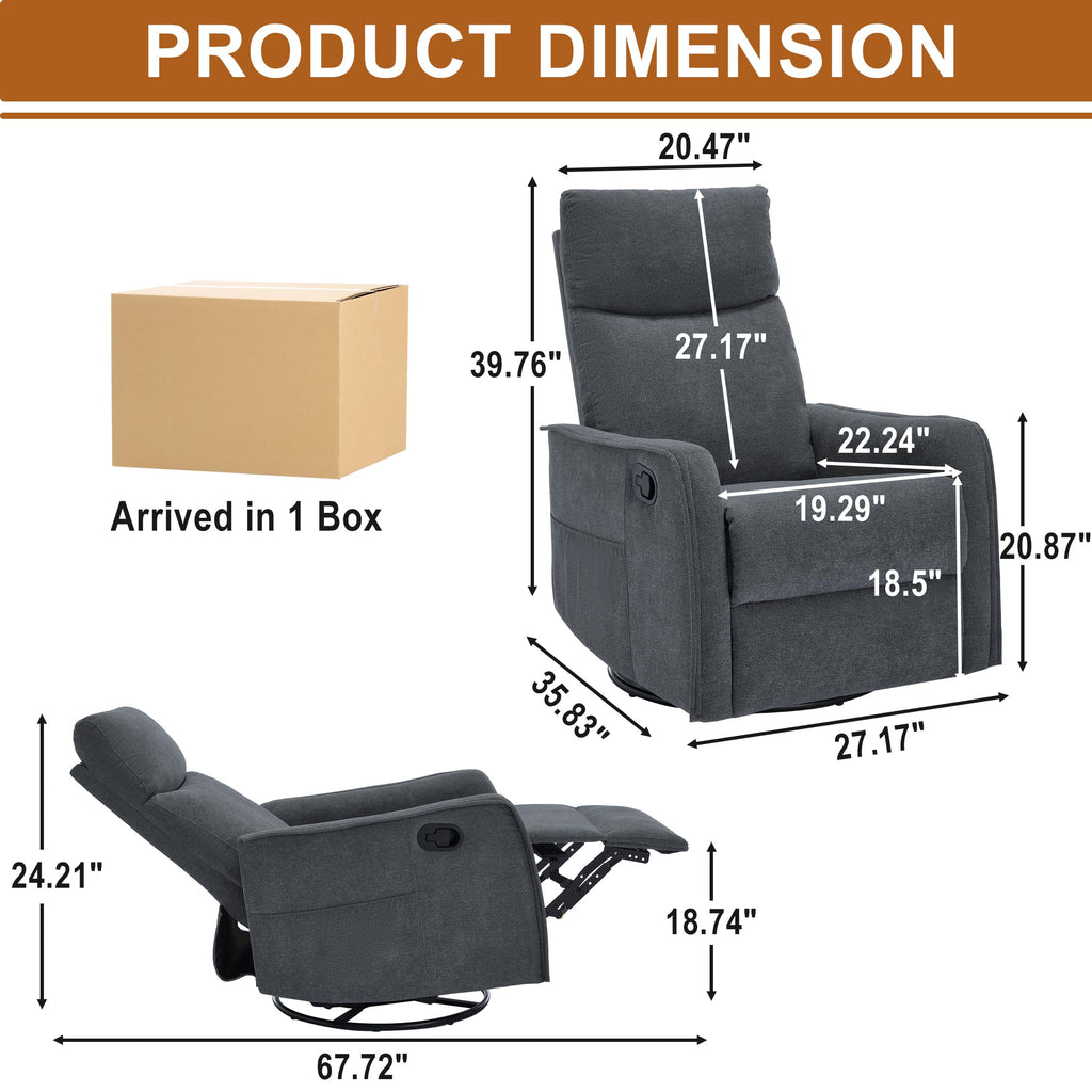 Dark Gray Swivel Rocker Recliner Chair with Vibration Massage and Heat G576