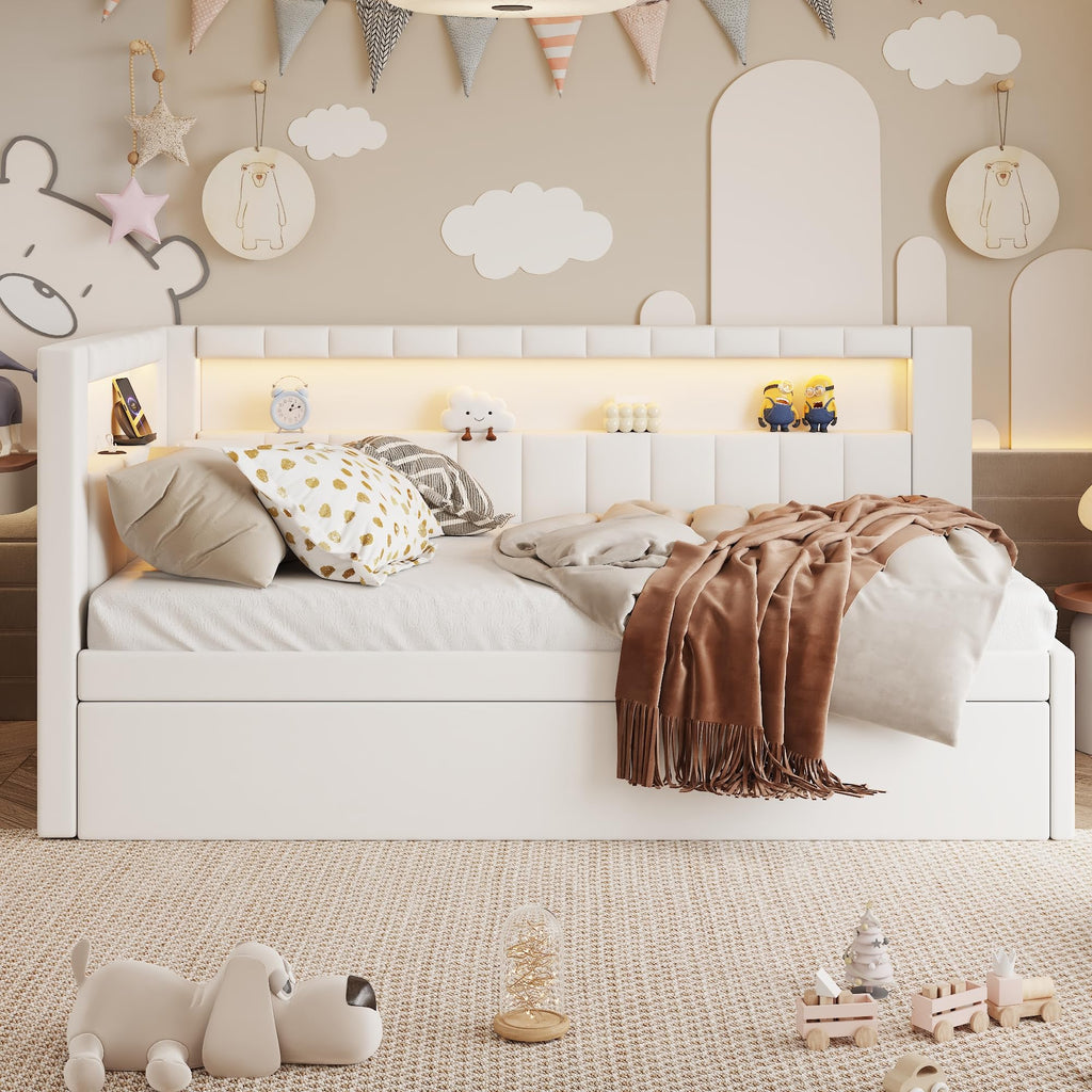 White Twin Size Upholstered Daybed with Trundle R19109