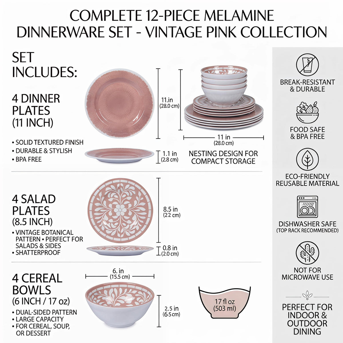12 Pcs Light Pink Melamine Dinnerware Set Y582