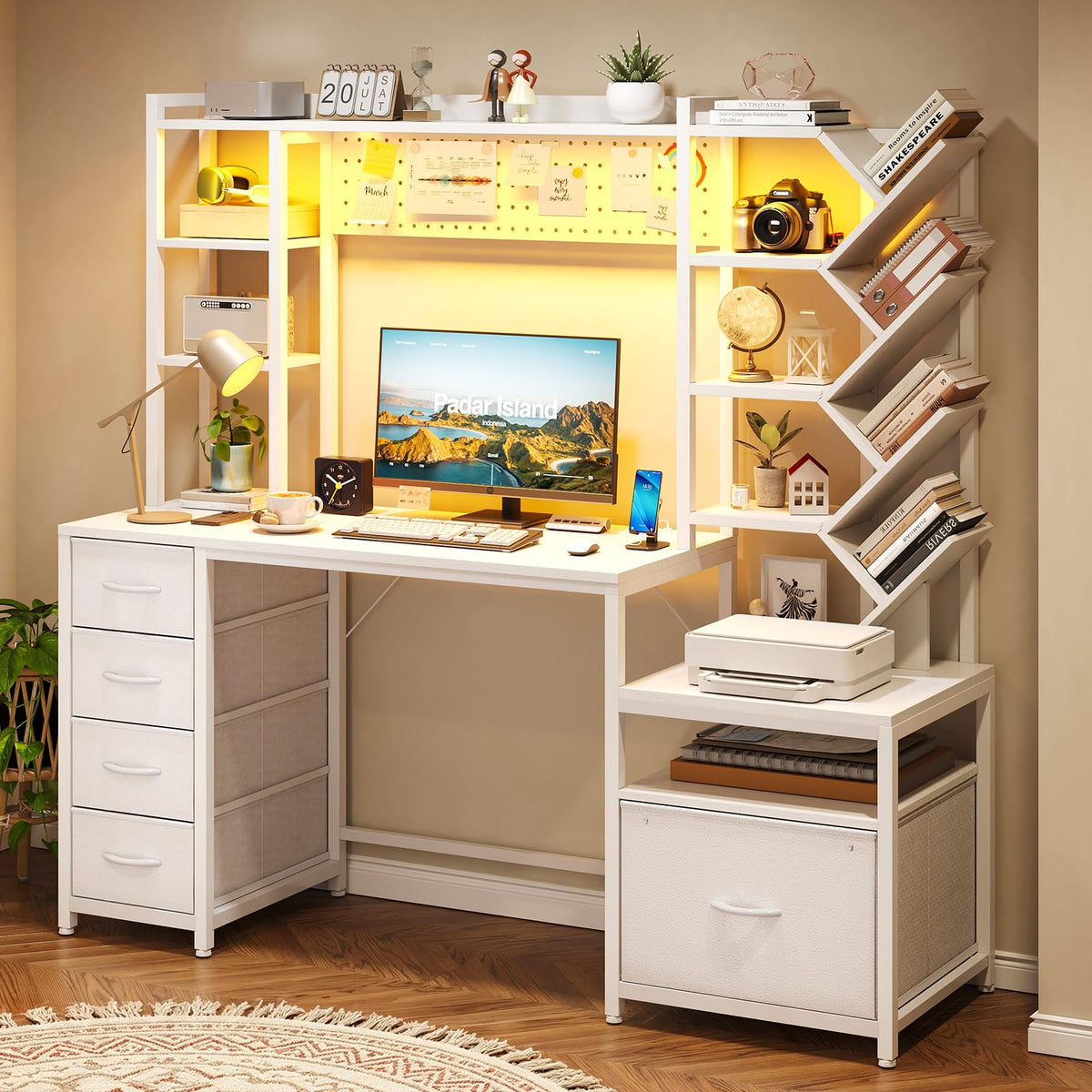 61.4" Computer Desk with Bookshelf, 5 Drawers, Hutch, Outlet, LED M511