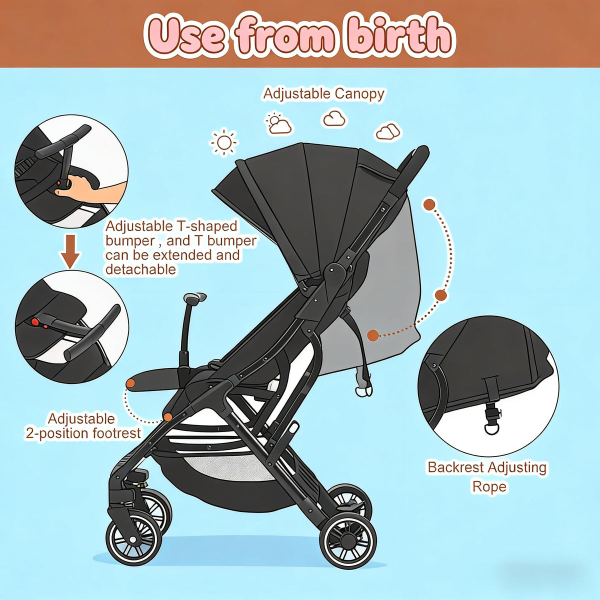 Portable Lightweight Umbrella Stroller with Sun Canopy M24030