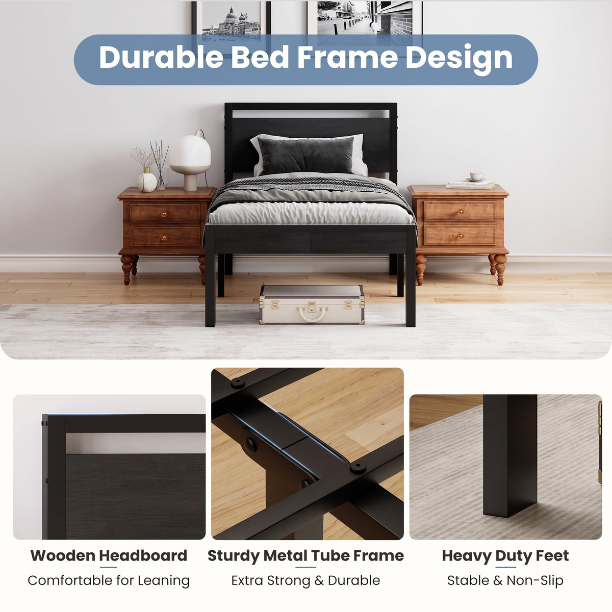 14 Inch Twin Size Metal Bed Frame with Wood Headboard J639270