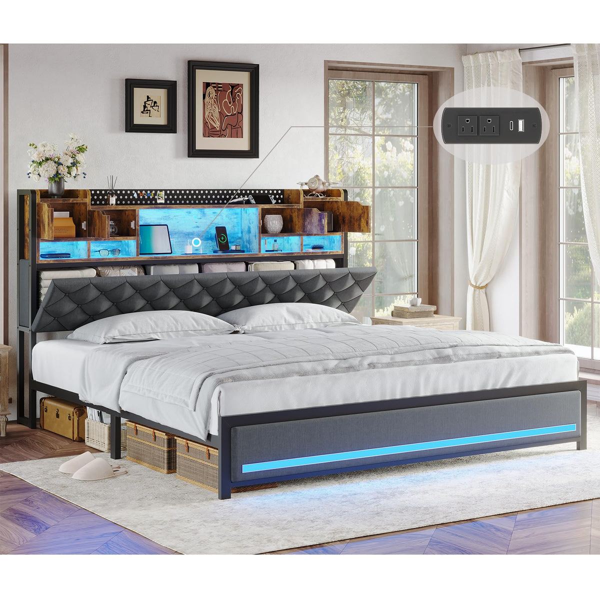King Size Bed Frame with Storage Bookcase Headboard P851