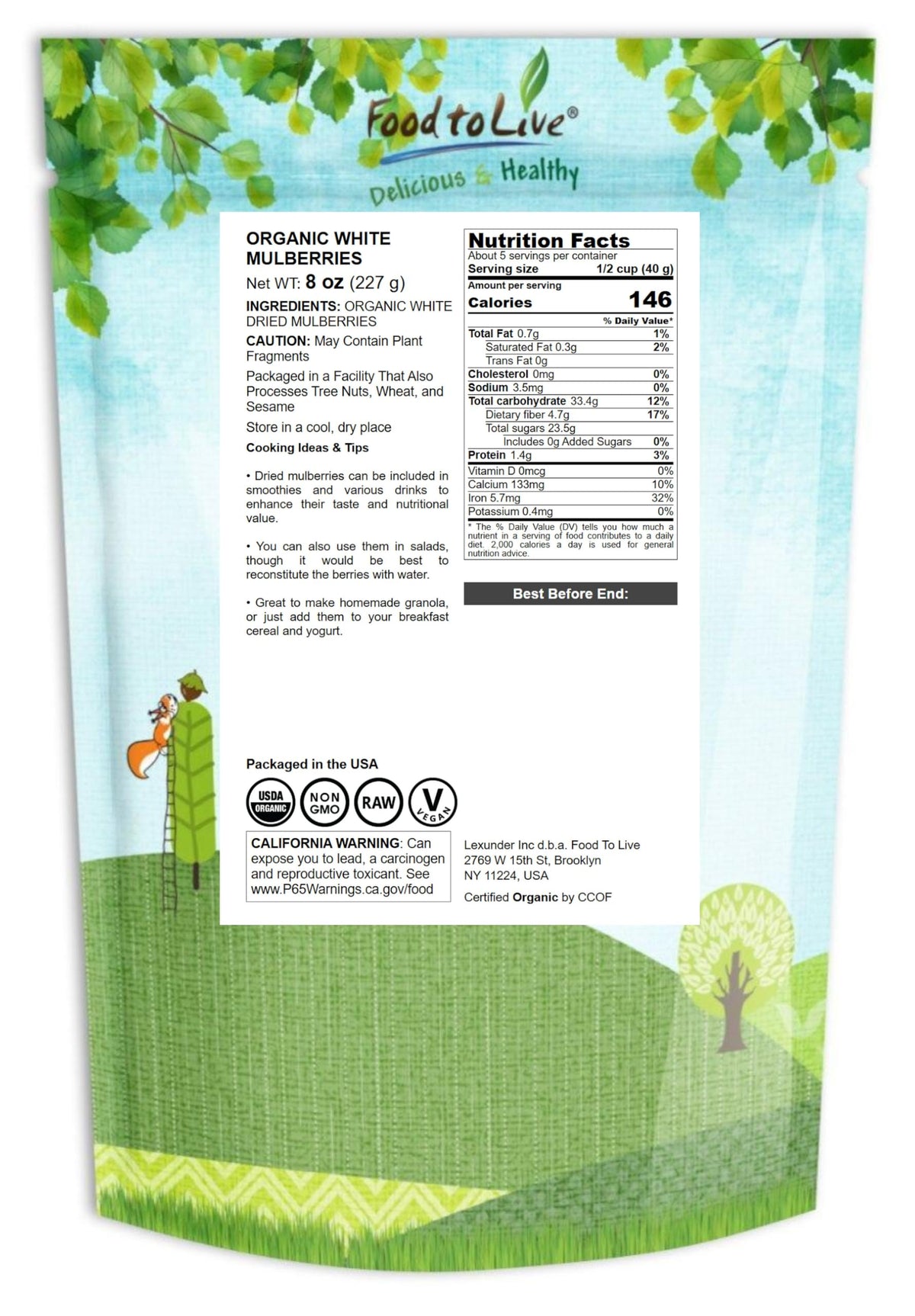 Organic Dried White Mulberries 8 Ounces O66139