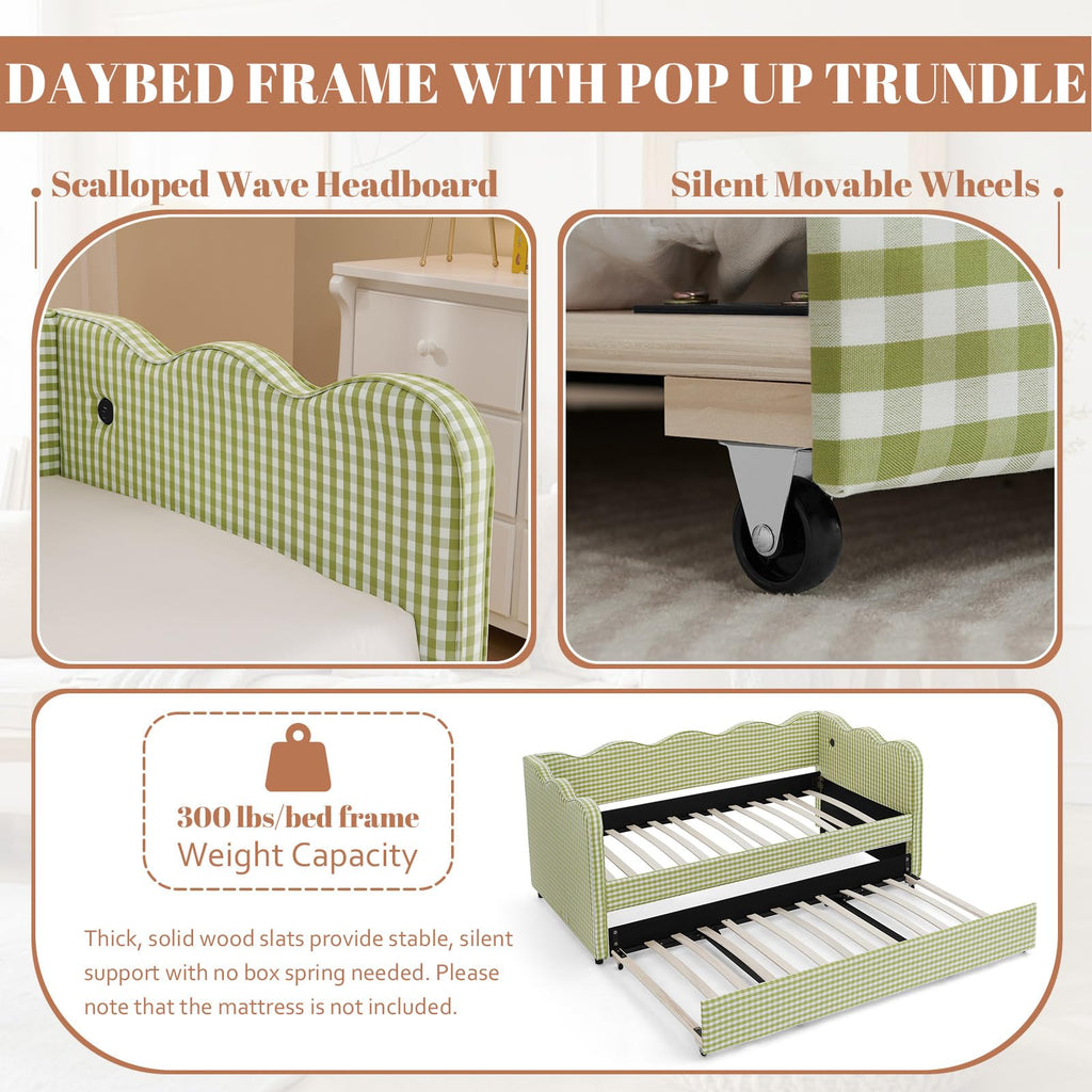81-inch Twin to King Size Gingham Linen Upholstered Daybed with USB Charging Ports W526