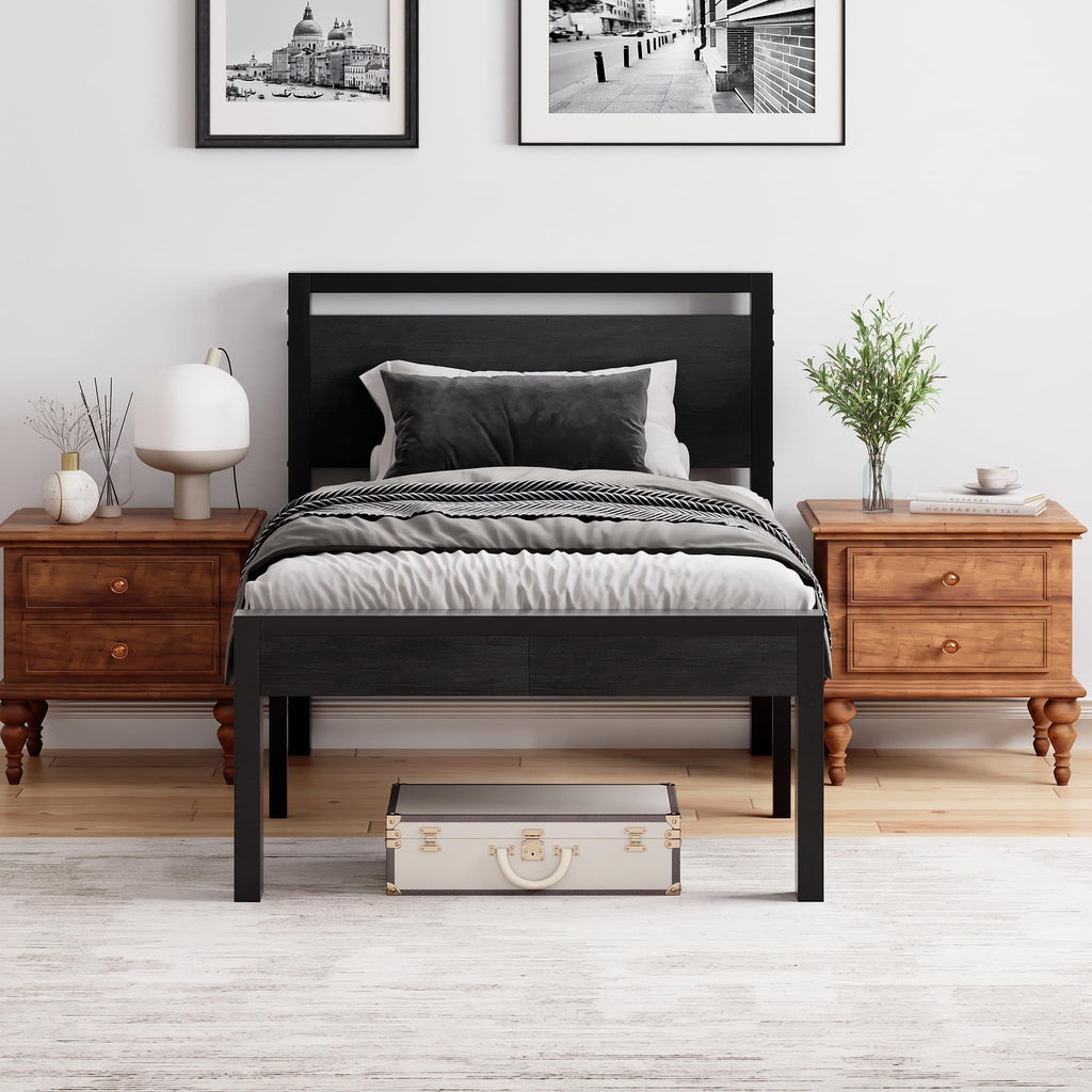 14 Inch Twin Size Metal Bed Frame with Wood Headboard J639270