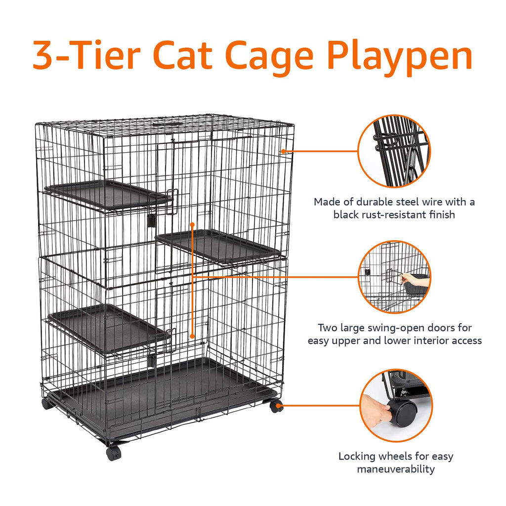 Large 3-Tier Cat Cage Playpen with Removable Tray, Black H453469