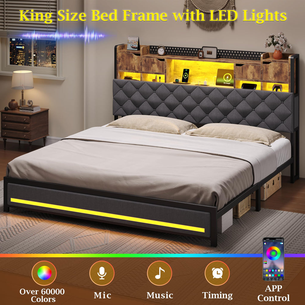King Size Bed Frame with Storage Bookcase Headboard P851