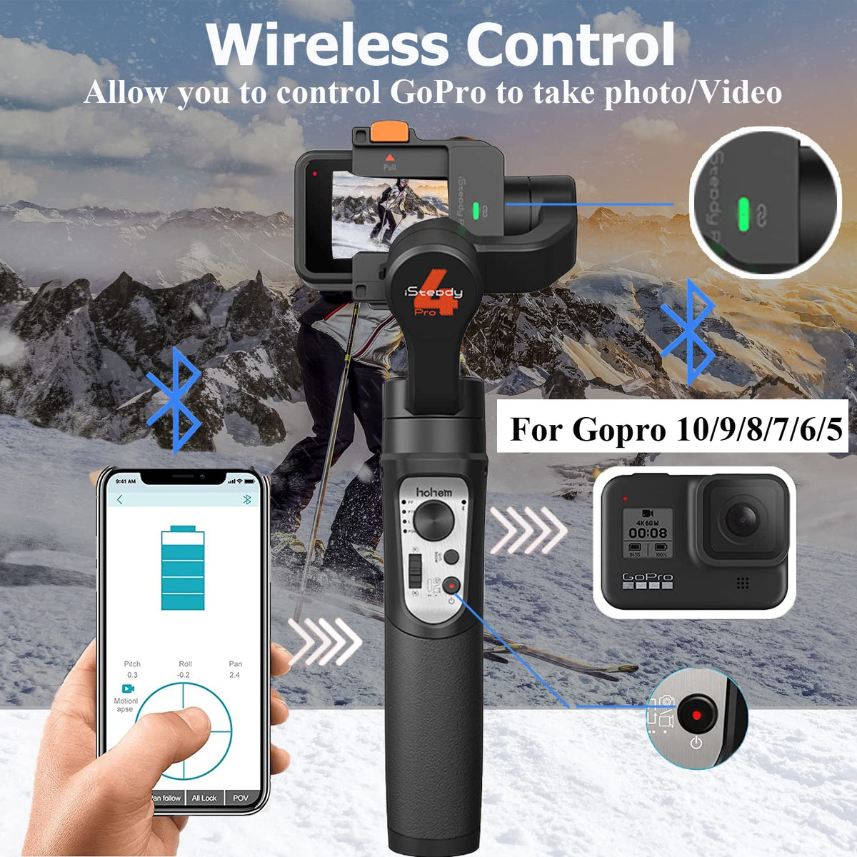 Action Camera Gimbal Stabilizer 3-Axis Bluetooth Cable Control IPX4 R803818