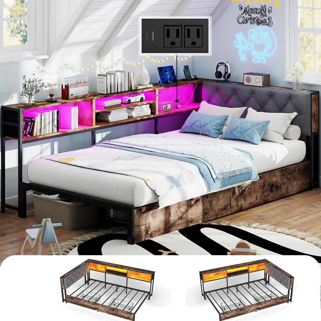 Twin Size Corner Bed Frame with Storage Bookcase Y9339