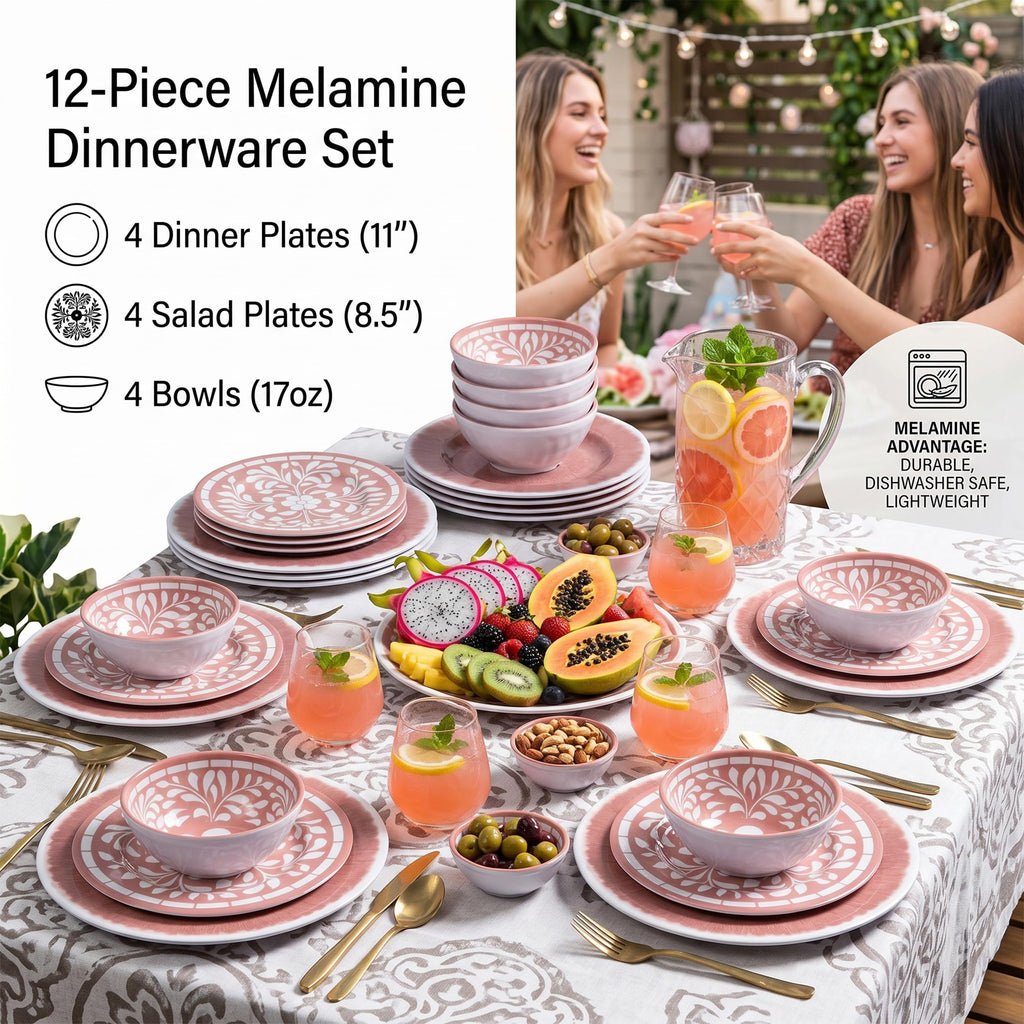 12 Pcs Light Pink Melamine Dinnerware Set Y582