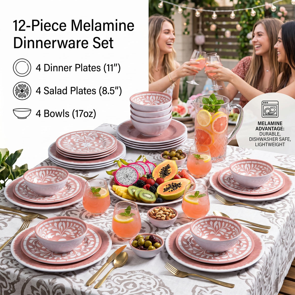 12 Pcs Light Pink Melamine Dinnerware Set Y582